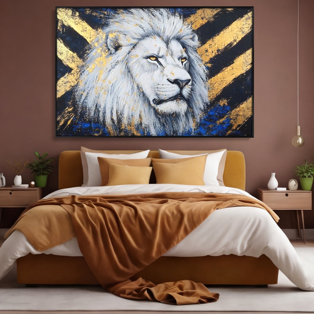 Tablou canvas cu tablou canvas cu leu alb si accente aurii, in rama de aluminiu negru, pe perete intr-un dormitor